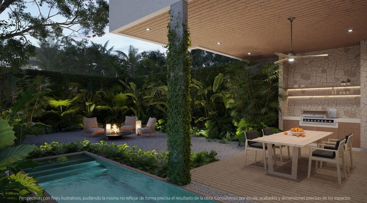 Terraza y piscina noche